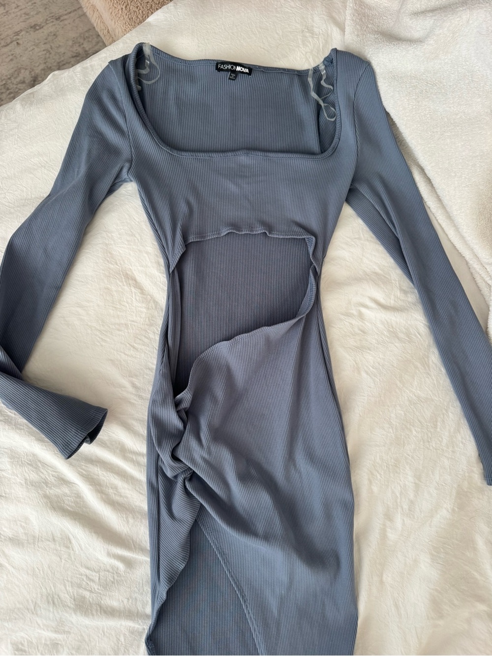 Fashion Nova Dusty Blue Ribbed Long Sleeve Cutout Midi Dress